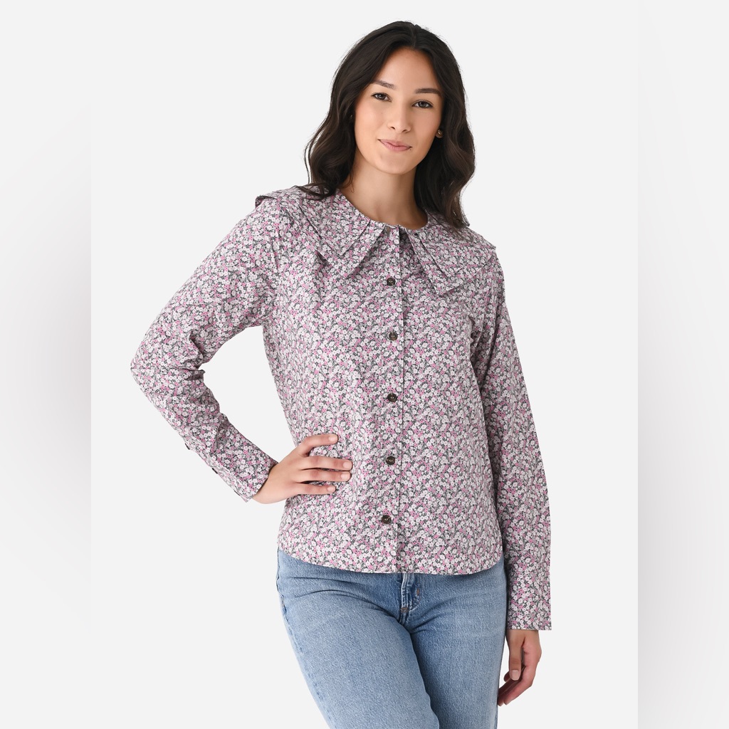 Ganni New Floral Print Cotton Double-Collar Button Down Shirt Gray/Pink Sz 36